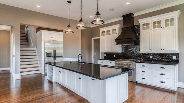 A spacious, modern kitchen with white cabinetry and a dark granite island.