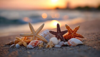 Starfish and shells on a beach, sunset background, use for vacation promotion