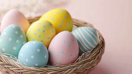 Decorative Easter eggs mint yellow blue and blush pink with delicate stripes and dots arranged from a woven basket on light pink surface minimalist aesthetic