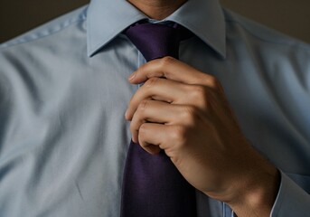 Man adjusting tie in formal attire against a neutral background  