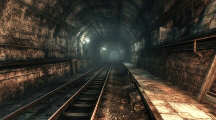 Fototapeta premium A tunnel with railroad tracks, its walls blackened with age, not a single train in sight.