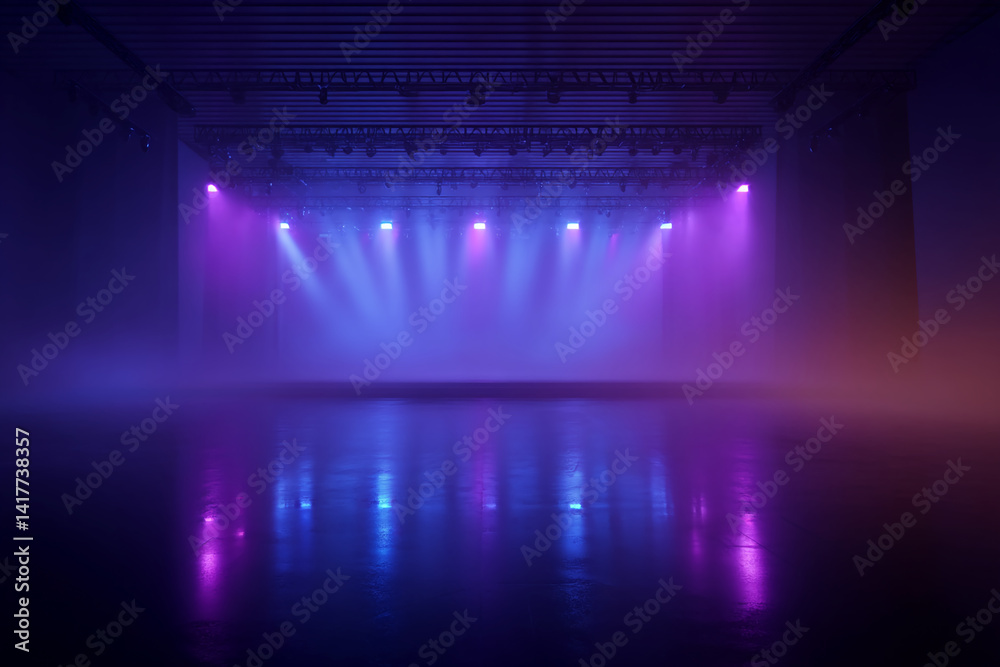 Poster empty stage with purple and blue lighting, creating a dramatic and atmospheric scene, showcasing a b