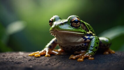 Close-up of a Green and Yellow Frog Resting on a Rock Surface in a Natural Habitat