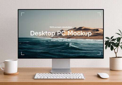 Desktop computer on the table mockup