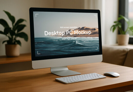 Desktop computer on the table mockup