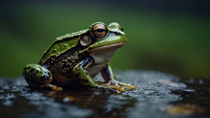 Fototapeta premium Green frog resting on a wet stone, looking towards the light
