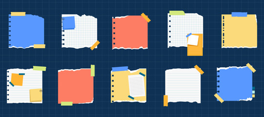 Realistic Ripped Paper Scraps Strips Torn Edges with Sticky Note and Adhesive Tape. Sticky Note Sheet Pieces Ripped Edge for Message, Journals, Planners, To-Do Lists, Memo Template