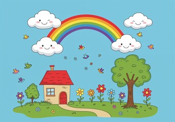 Cute house with rainbow and flowers in a whimsical landscape  