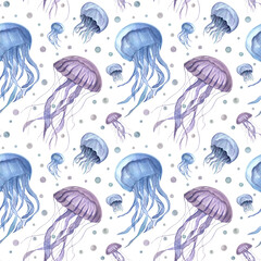 Watercolor floating jellyfish among water bubbles seamless pattern isolated background. Abstract blue and violet medusa, Poisonous sea animals illustration for textile design, eco conscious packaging © Masha_tolk_art