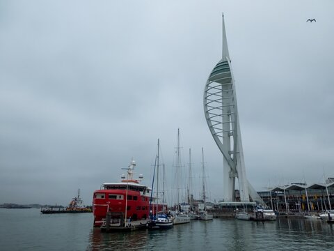 Portsmouth England - November 5 2024: Akula expedition Yacht at Spinnaker Tower Gunwharf Quays Hampshire