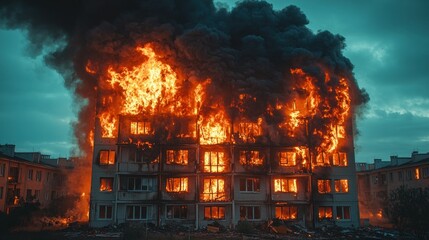 Dramatic fire engulfing an apartment building at dusk, showcasing chaos and urgency