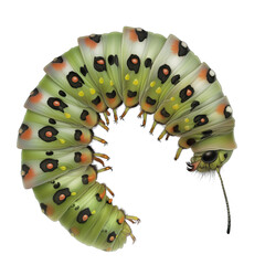 A green caterpillar with red spots on its back