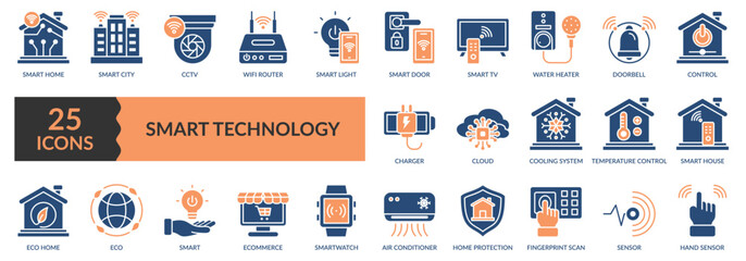 Smart Technology Icon Set in blue and orange color With Smart Home, Smart City, CCTV, Wifi Router, Light, Smart Door, Doorbell, Fingerprint Scan, Sensor, And Others