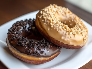 Two Glazed Donuts with Chocolate and Caramel Toppings on Plate