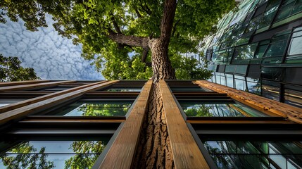 A unique architectural design with a mature tree incorporated into the building's facade reaching to the sky