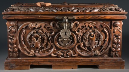 Ornate carved wooden chest antique style detailed design