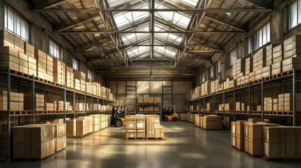 Fototapeta premium Warehouse interior with stacked boxes, forklifts, and high ceilings. Use Commercial stock photo