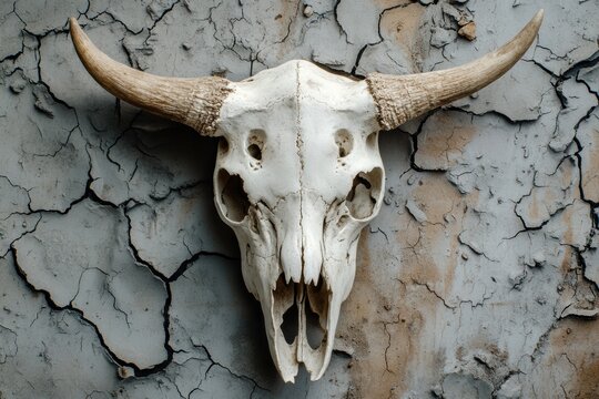 Rustic bison skull on cracked weathered wall for western decor
