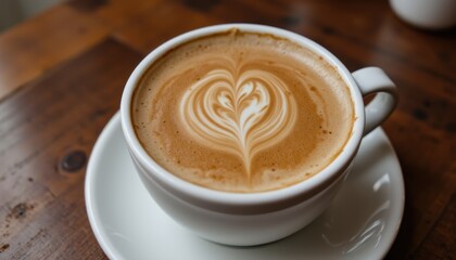 Fototapeta premium Pouring Coffee with Heart Design Cafe Setting Beverage Photography Warm Atmosphere Close-Up Art in a Cup