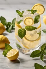 Refreshing summer lemonade drink with lemon slices and ice