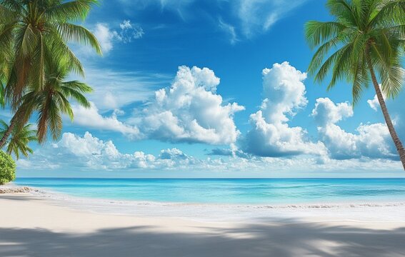 Tropical beach with soft white sand, turquoise ocean waves, and tall palm trees under a vibrant blue sky with fluffy clouds. A peaceful and idyllic coastal paradise