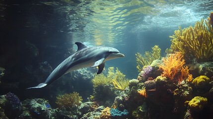 Fototapeta premium A dolphin swimming near a coral reef in shallow water