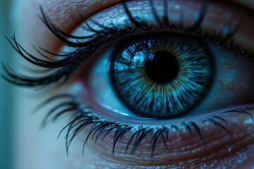 Fototapeta premium Digital Surveillance Extreme Close-Up of Robotic Eye in High-Tech Environment Macro Viewpoint Futuristic Concept