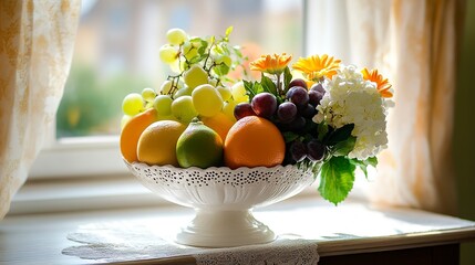 A vibrant fruit and flower arrangement basking in sunlight near a window, a delightful burst of color and freshness in a serene home setting.