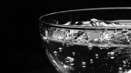Sparkling water's effervescence captured in a crystal glass, a moment of refreshing clarity against a dark backdrop.