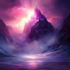 Obraz premium Majestic fantasy castle nestled in a dramatic mountain valley at sunset