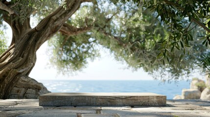 Olive tree branches delicately framing a podium, symbol of peace and abundance, Mediterranean vibe