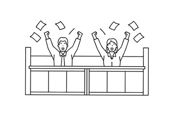 Line Art Depicting Happy Colleagues Throwing Paper Symbolizing Success And Celebration