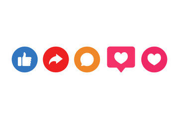 Set of Like, Comment, Share, and Love Icons – Colorful Social Media UI Buttons Vector