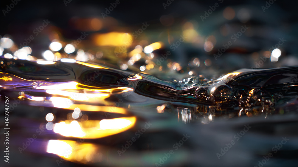 Poster close-up of dark liquid surface reflecting golden light, creating abstract texture with ripples and 