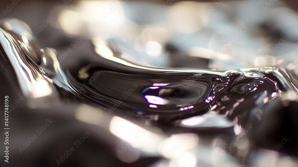 Poster close-up of dark, metallic surface with reflective, wavy texture, suggesting fluidity and movement, 