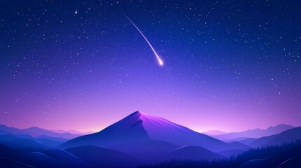 Shooting Star Over Mountain Landscape at Night with Starry Sky and Vibrant Gradient Hues