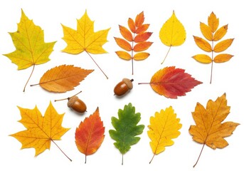 Autumn leaves and acorns arrangement on white background