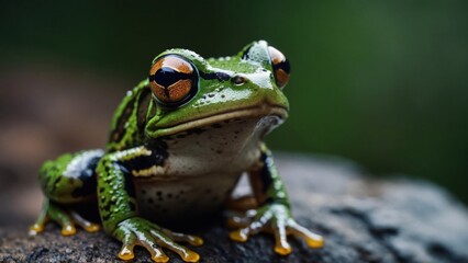 Fototapeta premium Vibrant green frog with striking orange eyes sits calmly on a textured rock surface in a lush natural environment