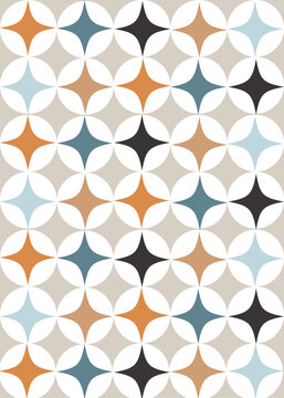 Contemporary geometric seamless mid-century pattern with simple retro shapes, stars and circles. Abstract vector background of natural tones on a white background.