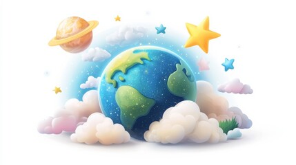 Whimsical Earth Surrounded by Colorful Clouds and Stars in a Dreamy Space Setting