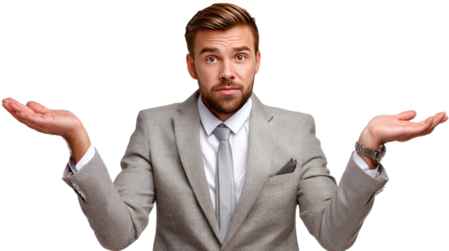 Uncertainty in Business: A professional man stands with a look of uncertainty, hands raised in a gesture that embodies contemplation and doubt.