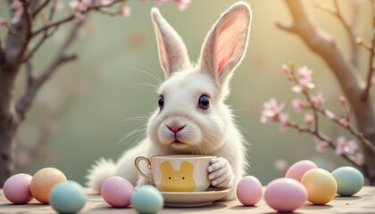Easter Bunny Enjoys Tea Time with Colorful Eggs in Spring Garden Whimsical Photography Cheerful Atmosphere