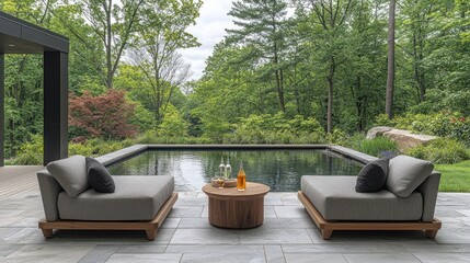 Fototapeta premium Elegant outdoor seating area by a tranquil pool surrounded by lush greenery