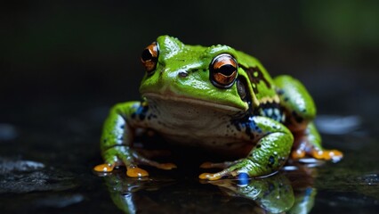Naklejka premium Vibrant green frog with striking orange eyes rests serenely on a dark, reflective surface