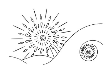 Minimalist Landscape With Sun And Spiral Design Black And White Line Art