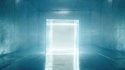 Empty, glowing cube within a cool blue space.