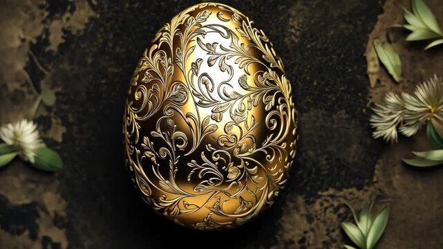Animation of gold-foil Easter egg with intricate pattern on dark background
