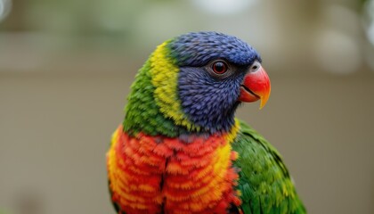 Obraz premium Vibrant Rainbow Lorikeet Closeup Tropical Forest Nature Photography Colorful Environment Side View Perspective
