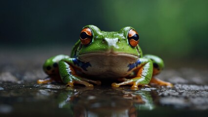 Naklejka premium Detailed close-up of a vibrant green frog with striking orange eyes resting on a damp surface in a shaded, natural environment