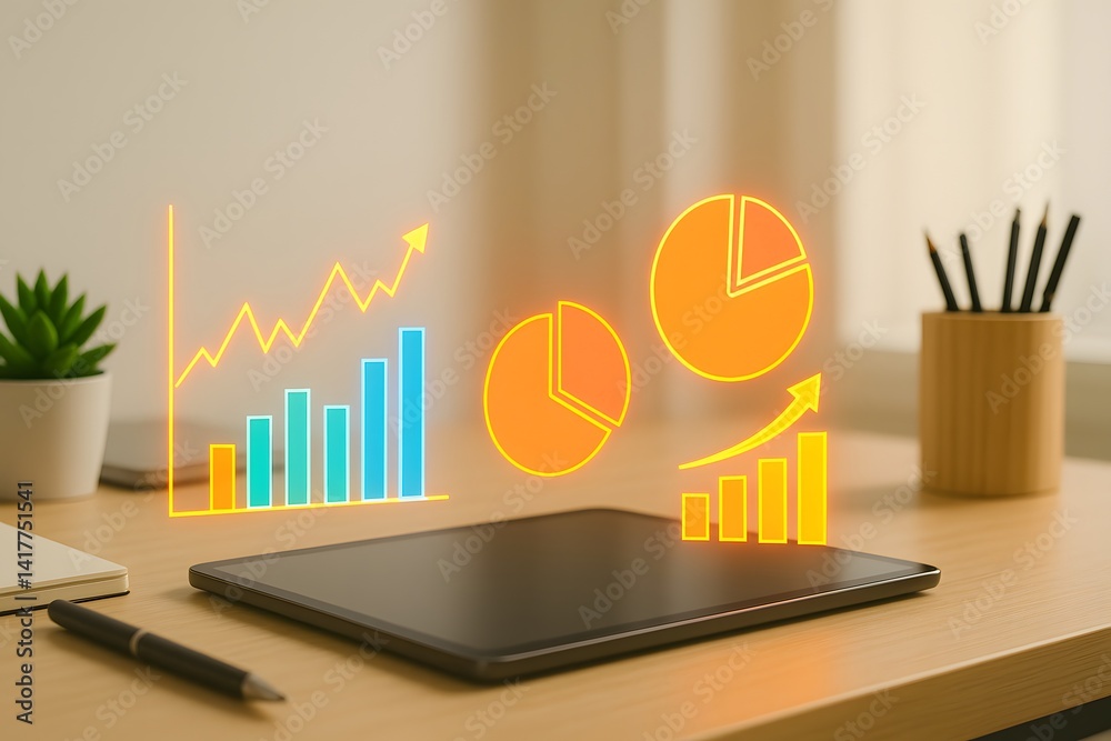 Poster Modern Workspace with Tablet and Colorful Business Graphs Display